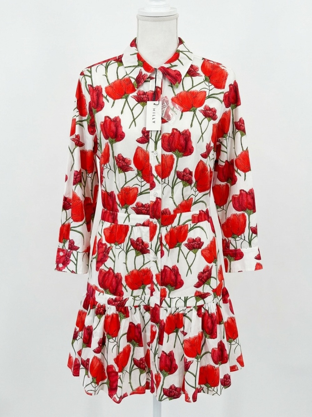 Milly Red Poppy Print Shirt Dress